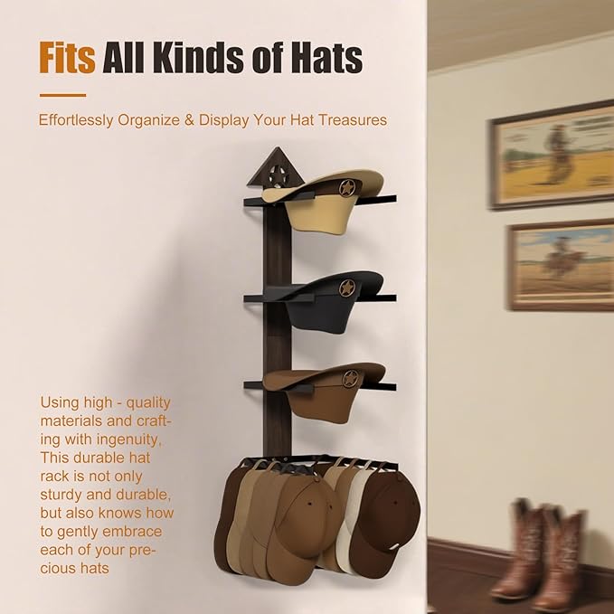 Cowboy Hat Rack -Cowboy hat holder for wall With Heavy- Organize and Display Your Hats with Ease, Wall Mounted Hat Hanger Wes