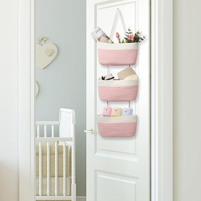 TeoKJ Over the Door Hanging Basket, 3-Tier Woven Cotton Wall-Mounted Storage Organizer Bag Decorative Hanging Nursery Baskets