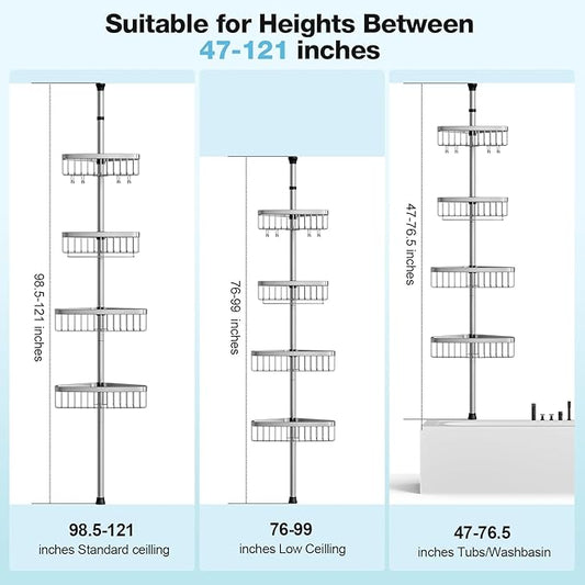 Corner Shower Caddy Tension Pole: Adjustable Rustproof 4-Tier Inside Bathroom Organizer - 47-121 inch Quick Installation Bath