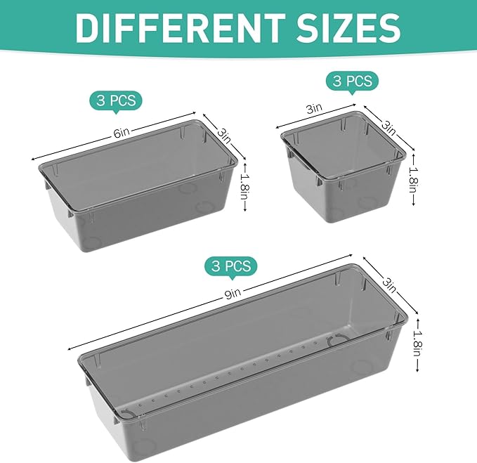 WOWBOX 9 Pack Clear Drawer Organizer Set, Acrylic Drawer Storage Trays, Storage Bins for Makeup, Cosmetics, Jewelries, Utensi
