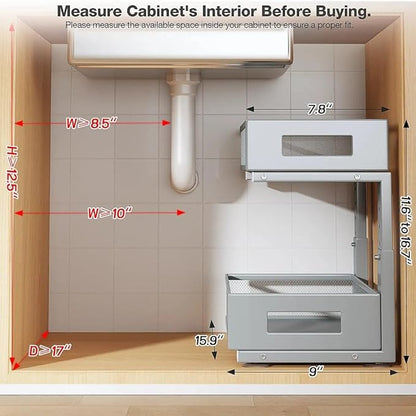 Under Sink Organizer, 2-Tier Dual Pull Out Cabinet Organizer Drawers With Smooth Circular Rail,Large Capacity Metal Mesh Slid