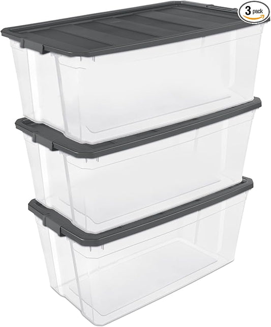 Sterilite 3-Pack Modular Stacker Box, Durable Clear Plastic Storage Bins with Latching Lids, 200 Quart - Stackable Organizing