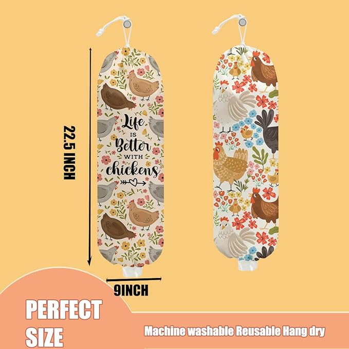 2 Pcs Chicken Plastic Bag Holder, Funny Chickens Grocery Bag Holder Plastic Storage bag, Pull Rope Free Adjustment, Floral Grocery Bags Storage Dispenser for Home Kitchen, Chicken Gifts for Women