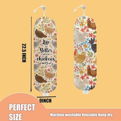 2 Pcs Chicken Plastic Bag Holder, Funny Chickens Grocery Bag Holder Plastic Storage bag, Pull Rope Free Adjustment, Floral Grocery Bags Storage Dispenser for Home Kitchen, Chicken Gifts for Women