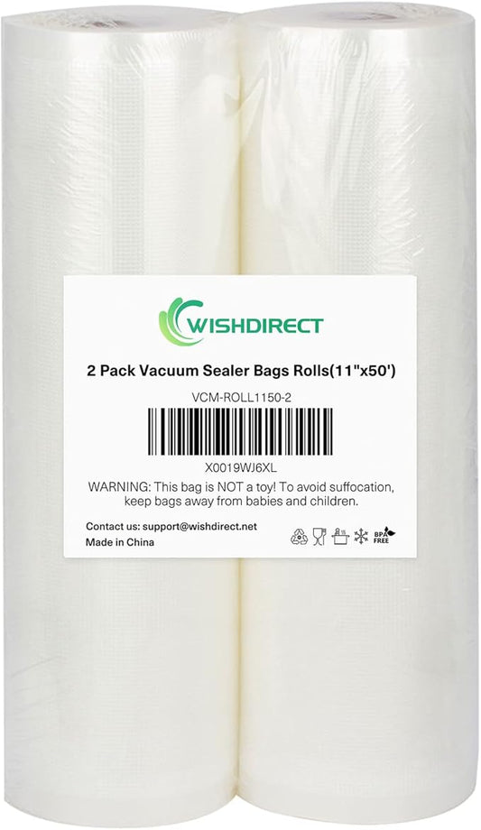 Vacuum Sealer Bags Rolls 2-Pack 11"X50' Commercial Grade BPA Free Double Sides Textured Vacuum Seal Bags Compatible with Food