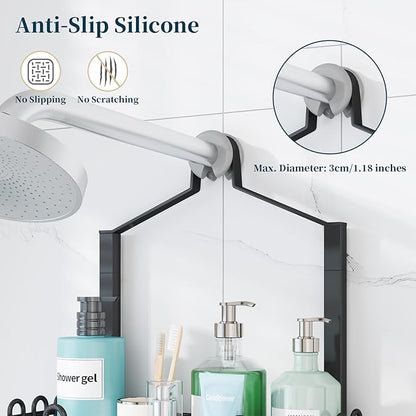 Consumest Shower Caddy Hanging – Rustproof Over Shower Head Hanger with Soap Holder and Hooks, Anti-Slip Shower Shelves for S