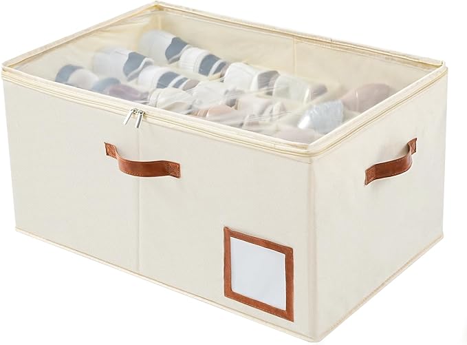 INSTY Shoe Organizer for Closet Fit 24 Pairs, Large Foldable Shoe Storage Containers Box Bin w/Adjustable Dividers and Clear 