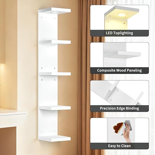 LinTimes 5-Tier LED Wall Shelf with Remote Control, White Floating Shelves Unit, Wall Mounted Display Storage