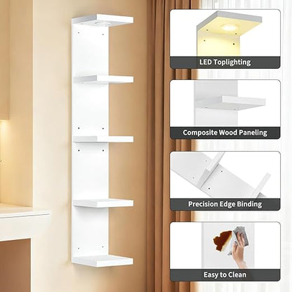 LinTimes 5-Tier LED Wall Shelf with Remote Control, White Floating Shelves Unit, Wall Mounted Display Storage