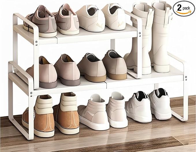 Expandable 1-Tier Metal Shoe Rack (H:10"), Adjustable Width 14.9"-23.6", Heavy-Duty Stackable Free-Standing Shoe Shelf for Cl