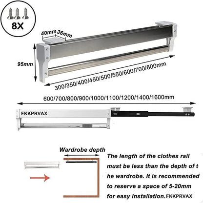 Heavy Duty Extendable Pull Out Closet Rod - Closet Clothes Hanger Rail, Load 25kg Pull Out Closet Clothes Hanger Rail, 30-80c