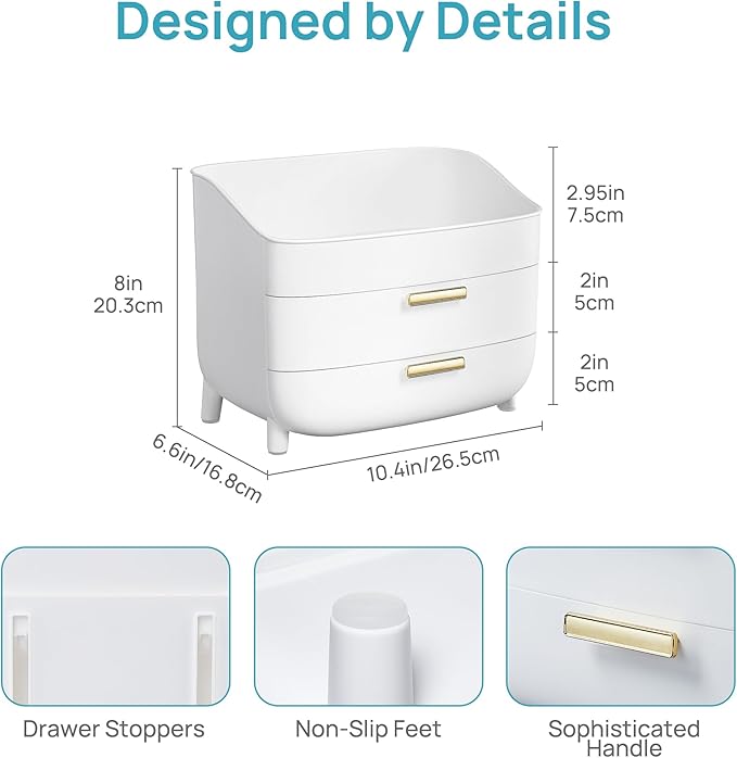Vtopmart 3-Tier Skincare Makeup Organizer with Drawers for Vanity and Bathroom Countertop, Large Cosmetic Storage Box Case fo