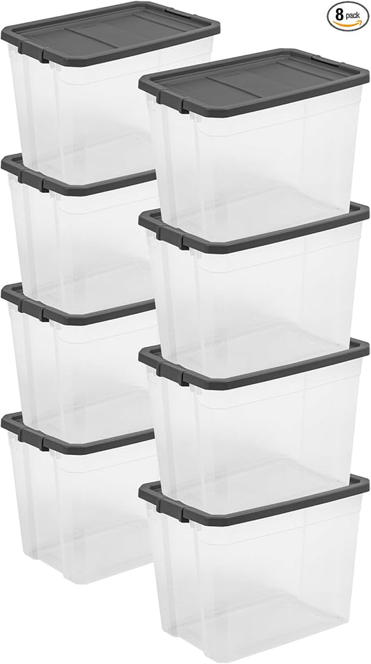 Sterilite 8-Pack Modular Stacker Box, Durable Clear Plastic Storage Bins with Latching Lids, 108 Quart - Stackable Organizing