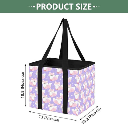 Cute Fox Purple Reusable Grocery Bags Large Shopping Tote Bag with Reinforced Bottom Board, Water Resistant Foldable Storage 