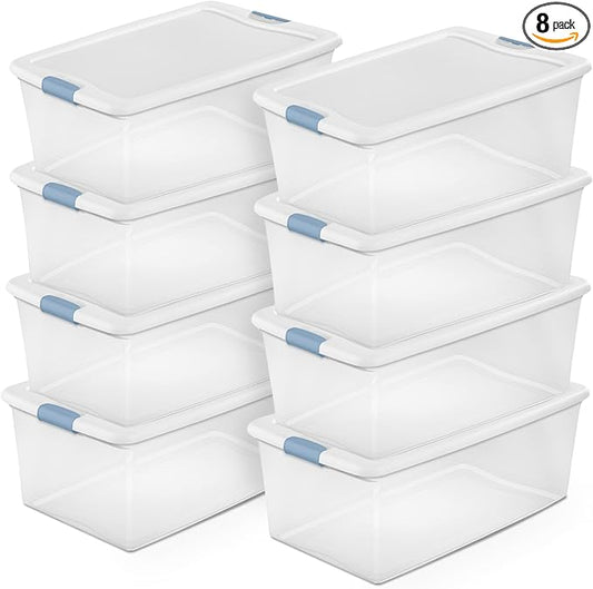 Sterilite 8-Pack Latching Box, Under Bed Storage Bins with Lids, Clear Plastic, 106 Quart - Heavy-Duty Organizing Containers 
