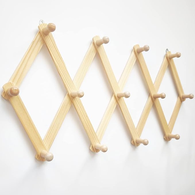 AMAPON Accordion Style Expandable Wall Wooden Coat Rack 13 Hooks (Pegs) Hang Hats Jackets Coffee Mug Purses Necklaces Towels 