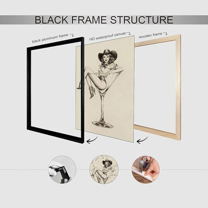 Vintage Western Black Framed Wall Art Coquette Cowgirl Martini Posters Prints 20x30 in Retro Bar Cart Cocktail Artwork Aesthe