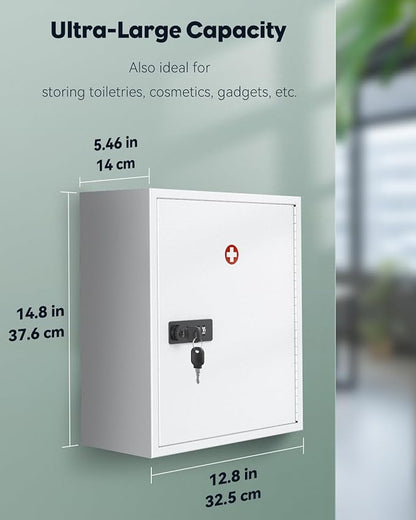 Uniclife Wall Mount Medicine Cabinet with Combination & Key Lock Locking First Aid Cabinet Lockable Medical Cabinet Large Cap