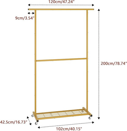 Sywhitta Double Rod Clothing Garment Rack, Rolling Coat Hanger with Bottom Mesh, Clothing Rack for Hanging Clothes, Coats, Sk