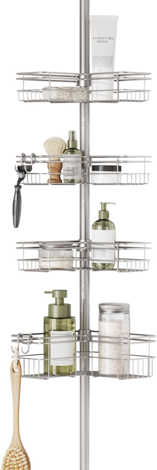 Zenna Home Tension Pole Shower Caddy Corner Organizer, Adjustable Standing Shower Caddy with 4 L-shaped Baskets and Hooks, Ru