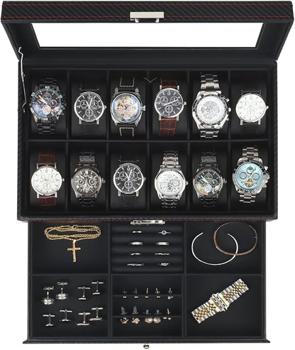 Kukikan Watch Box Jewelry Organizer, 12-Slot 2-Layer Watch Case Storage with Large Glass Lid, Watch Storage Case for Men with