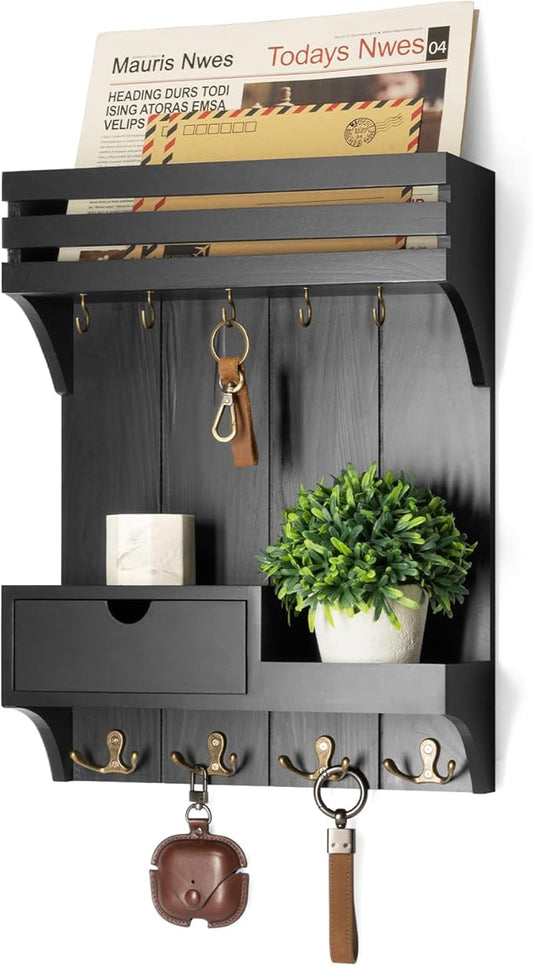 Rebee Vision Modern Key Holder Wall Mount with Mini Drawer Organizer - Decorative Mail Organizer with 9 Key Hooks and Floatin