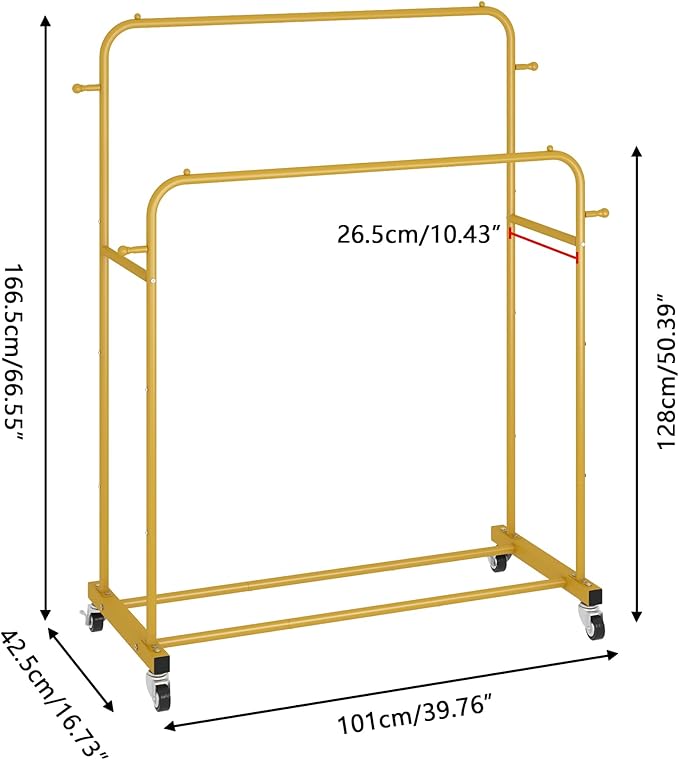Laiensia Double Rods Garment Rack with Wheels, Clothing Rack for Hanging Clothes,4 Hooks, Multi-functional Bedroom Clothes Ra