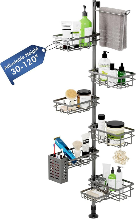 Corner Shower Caddy Tension Pole,30-120 Inch Adjustable Shower Organizer, 6-Tier Shower Shelves with Towel Rack/Toothbrush Ho