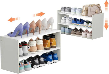 X-cosrack 2 Pack 2-Tier Shoe Rack Organizer for Closet, Expandable and Adjustable White Shoe Rack, Stackable Iron Wood Combin