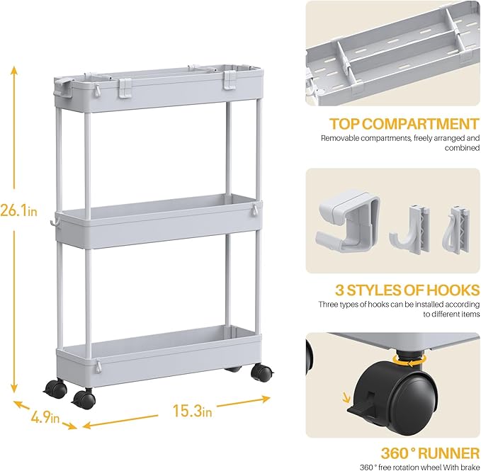 SPACELEAD Slim Storage Cart 3 Tier,Bathroom Organizer Rolling Utility,Mobile Shelving Unit Slide Out for Office, Kitchen, Lau