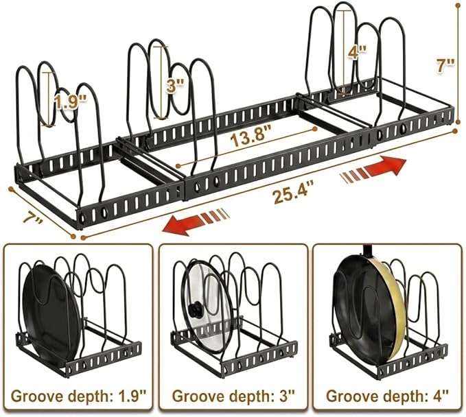Pot and Pan Organizer Rack for Cabinet, 3 Expandable Pot Lid Organizer Holder with 12 Adjustable Compartment for Kitchen Cutting Board, Pan Lid, Cabinet Cookware Baking
