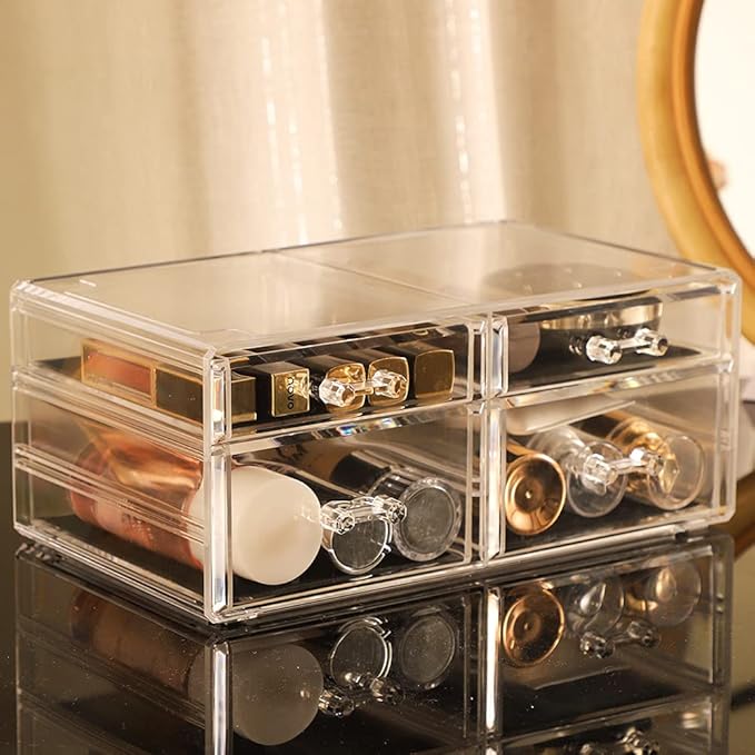 Cq acrylic Makeup Organizers with 4 Drawers,Rectangular Office Stationery Supplies Plastic Clear Storage Containers,Stackable