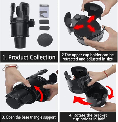 Upgrade Dual Cup Holder Expander, 2 in 1 Multifunction Cup Holder for Car with Lock, 360° Rotating Car Cup Drink Holder with 