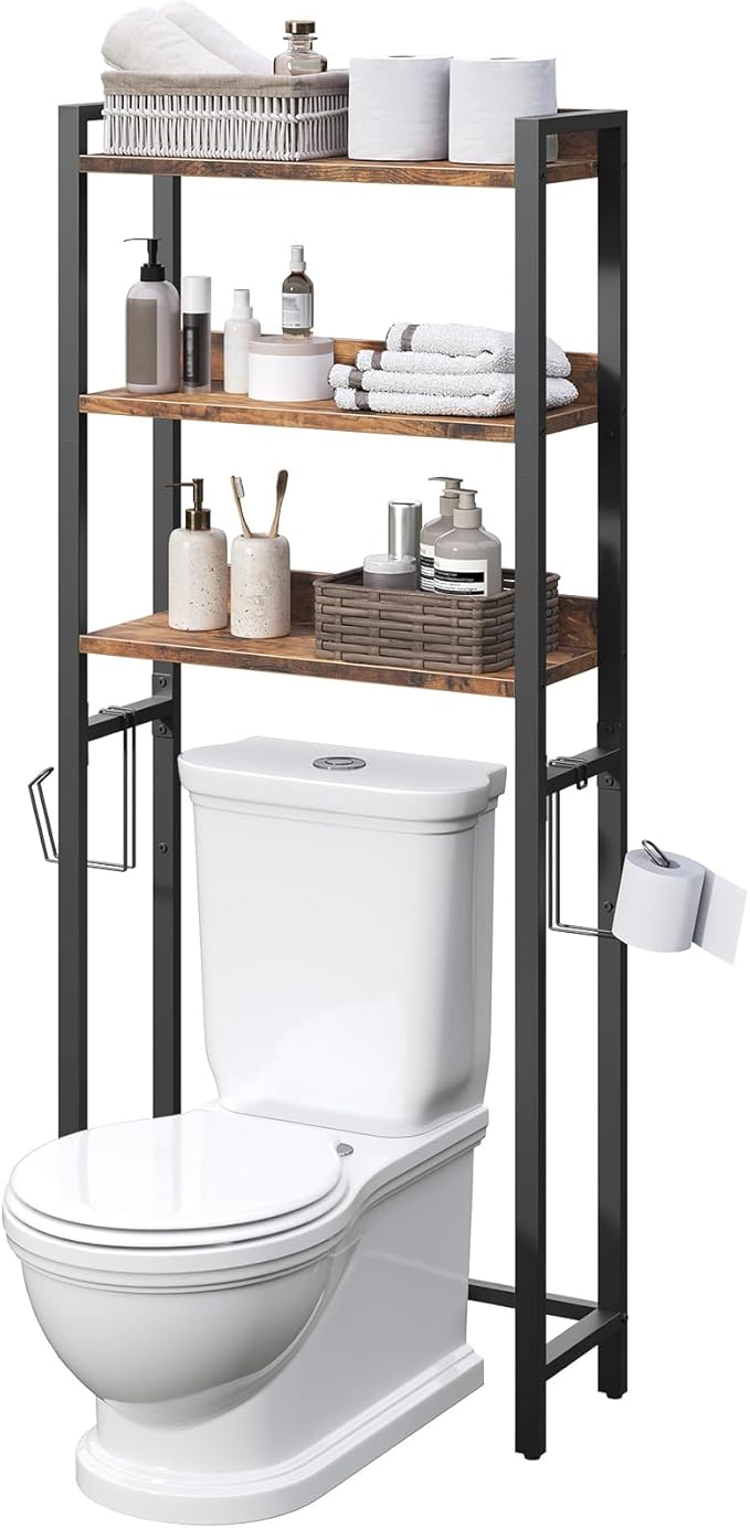 Over The Toilet Storage Rack, 3 Tier Bathroom Organizer Over Toilet, Freestanding Space Saver Toilet Stand with 2 Hooks, Bath