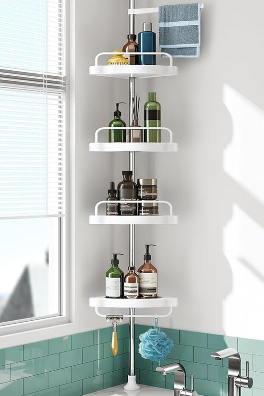 Corner Shower Caddy Tension Pole: Rust Proof 4Tier Shampoo Storage Organizer for Inside Shower - Telescoping Rod Shower Rack 