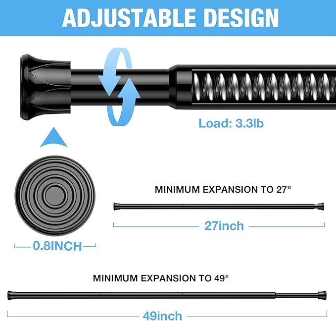 6 Pack Spring Tension Rods 28-43 Inches,5/8" Diameter Black Spring Load Adjustable Expandable,Small Short Tension Curtain Rod