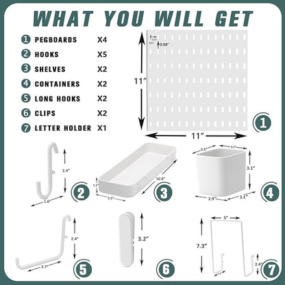 MULSAME Pegboard Combination Kit, Wall Mounted Storage Set with 4 Pegboards & 14 Accessories Hanging, White Peg Boards Organi