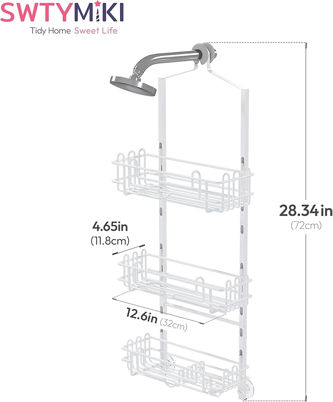 SWTYMIKI Shower Caddy Hanging Organizer - 3-Tier Rustproof Shower Organizer Over Showerhead with Adjustable Baskets, 24 Hooks
