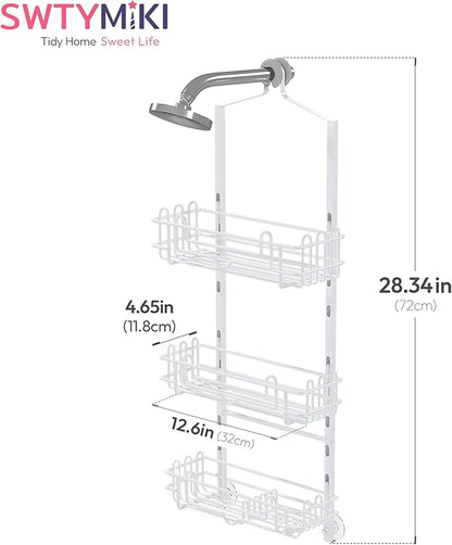 SWTYMIKI Shower Caddy Hanging Organizer - 3-Tier Rustproof Shower Organizer Over Showerhead with Adjustable Baskets, 24 Hooks