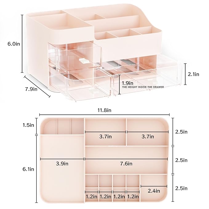 Pink Make up Organizers for Vanity with 3 Drawers,Large Skincare Organizers for Countertop,Desk,Dresser,Plastic Bathroom Coun