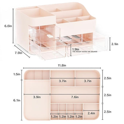 Pink Make up Organizers for Vanity with 3 Drawers,Large Skincare Organizers for Countertop,Desk,Dresser,Plastic Bathroom Coun