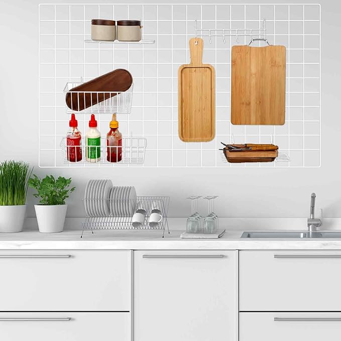 Fumete 9 Pcs Wall Grid Hanging Basket Shelf Hooks Set Includes 3 Basket 3 Wire Straight Shelf and 3 Hooks for Storage Display