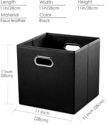 PRANDOM Leather Foldable Cube Storage Bins 11x11 inch [4-Pack] Fabric Storage Baskets Cubes Drawer with Cotton Handles Organi