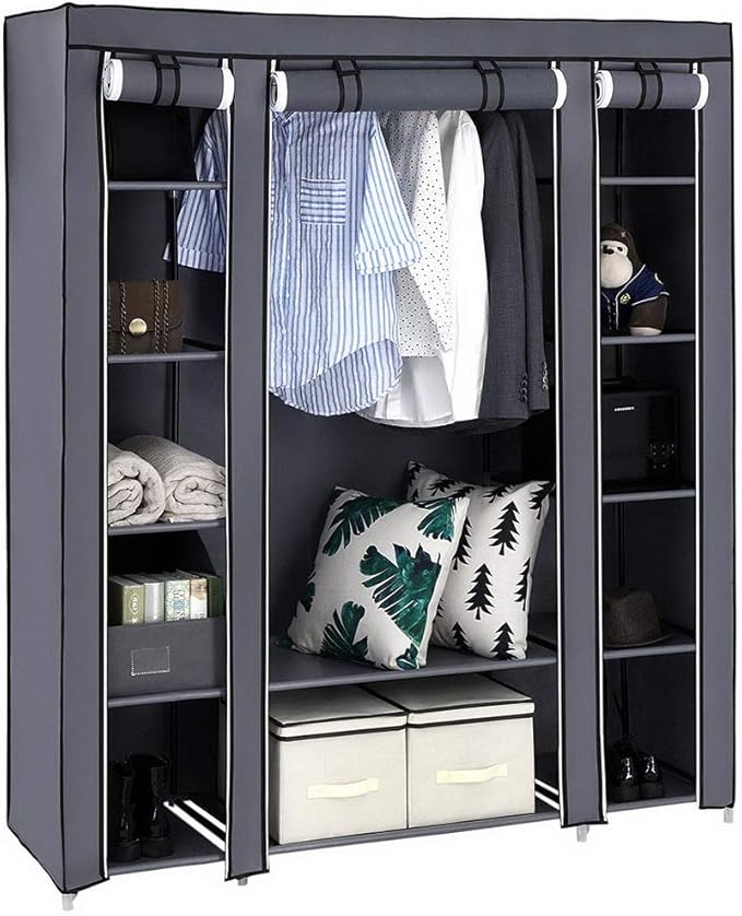 Karlhome 5-Tier Canvas Wardrobe, Portable Fabric Wardrobe with Shelves and Cover for Hanging Clothes, Clothes Rail with Cover