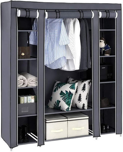 Karlhome 5-Tier Canvas Wardrobe, Portable Fabric Wardrobe with Shelves and Cover for Hanging Clothes, Clothes Rail with Cover