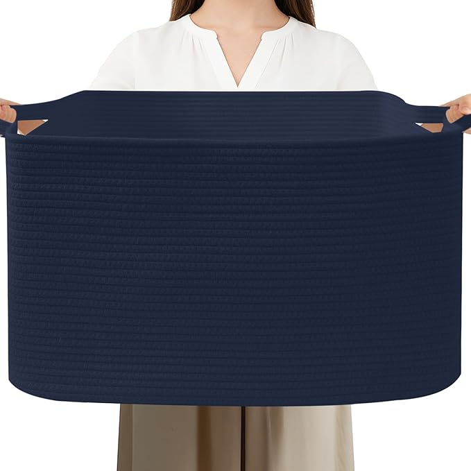 65L Large Blanket Basket,21"x16"x12" Rectangle Storage Bin with Handles,Woven Rope Laundry Basket for Toys, Clothes,Pillows,M