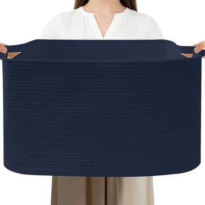 65L Large Blanket Basket,21"x16"x12" Rectangle Storage Bin with Handles,Woven Rope Laundry Basket for Toys, Clothes,Pillows,M