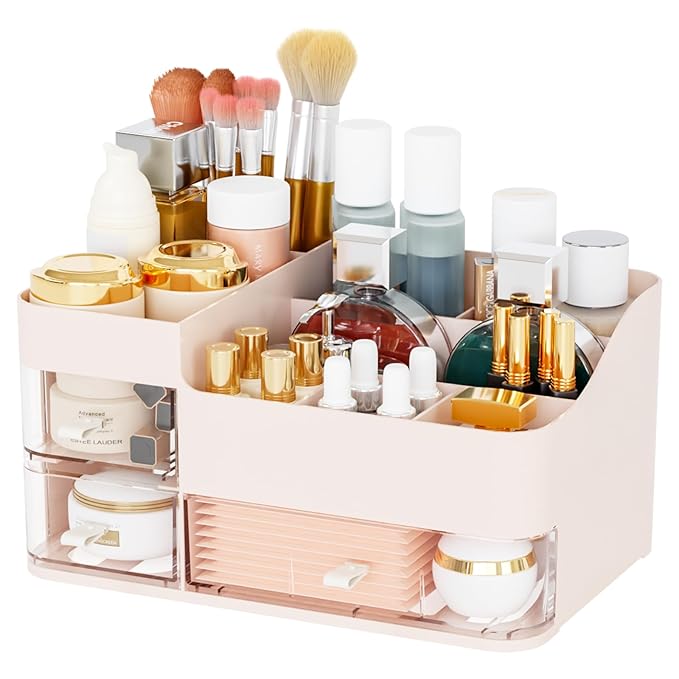 Pink Make up Organizers for Vanity with 3 Drawers,Large Skincare Organizers for Countertop,Desk,Dresser,Plastic Bathroom Coun