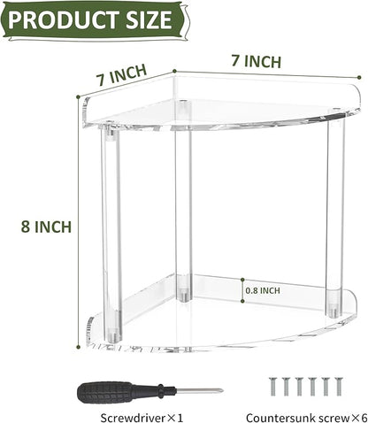 Sezanrpt 2 Tier Countertop Corner Organizer Shelf 7x7x8 Inch, Acrylic Bathroom Organizer Corner Shelf for Countertop, Clear V