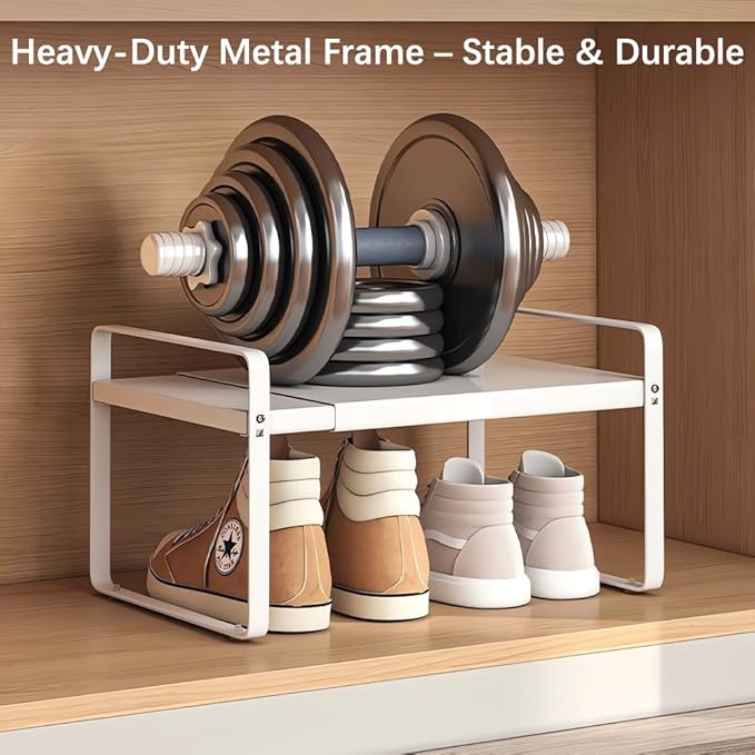 Expandable 1-Tier Metal Shoe Rack (H:10"), Adjustable Width 14.9"-23.6", Heavy-Duty Stackable Free-Standing Shoe Shelf for Cl